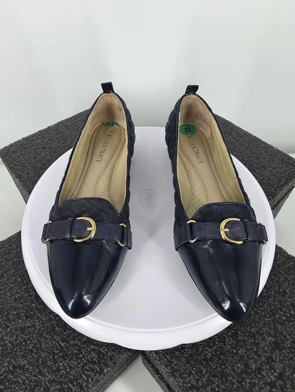 Ellen Tracy Ireland 8M Navy Blue Quilted Suede Patent Leather Buckle Flats Shoes